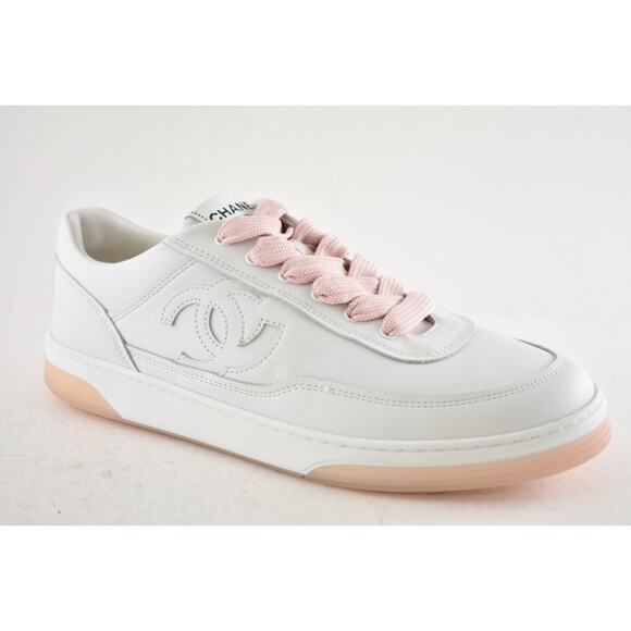 Chanel 24P White Pink Leather CC Logo Flat Lace Up Runner Trainer Sneaker 40 - Picture 4 of 15
